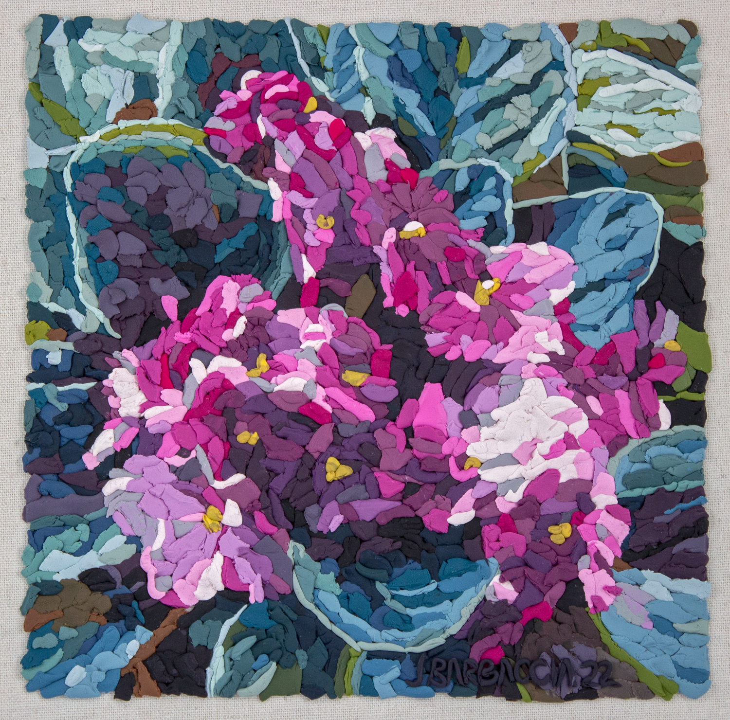 African Violets
Polymer clay on linen
8″ x 8″
$400