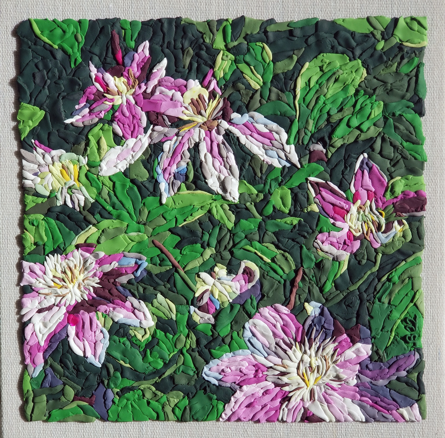 Clematis
Polymer clay on linen
9″ x 9″
$400