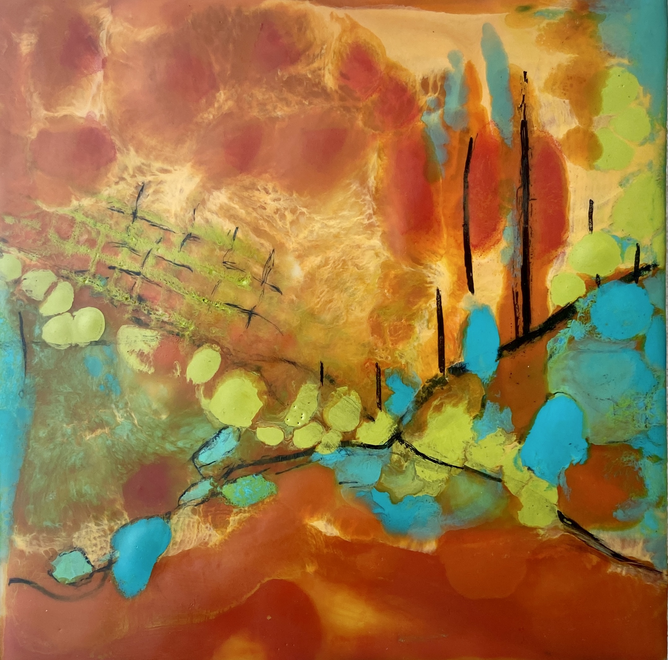 Rusty Teal With Lime
Encaustic on panel
6″ x 6″
$275
