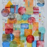 "Chosen Paths" Gelli printing and ink drawing with watercolors, 20" x 16" $500 by Marlene Adler