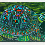 "Turtle" Relief print with watercolor, 19" x 24" $295 by Connie Cofer
