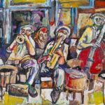 Jazz Band Oil on canvas 2014 canvas size 20″ x 40″ frame dimensions 21.5″ x 41.5″ $25,000.00