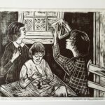 "Three Women at Work" Linocut, 12" x 15" $200 by Elizabeth H. MacDonald