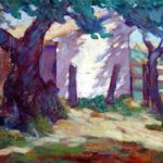 "Sunlight and Shadows (the wagon shed)" oil on canvas, n/d, by Bertha N. Riley (1870-1959).