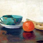 "Cup, Orange, and Banana" oil on canvas board, 1920, by Mary Burton Derrickson McCurdy. Gift of Erma Kirkpatrick