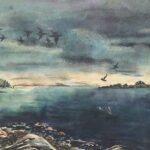 Untitled (lake scene with birds flying), watercolor on paper, 1955-1956, by Teddie Tubbs (1915-1966). Gift of Kaki Smith.