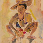 "Filipino with Game Cock" gouache on paper, 1944, by Jack Lewis. The Nancy and Russell Suniewick Jack Lewis Collection
