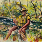 "Hugh in Paddle Gear" watercolor on paper, 1988,  by Howard Schroeder. Gift of Hugh and Dolores Andrew