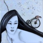 "I Want to Ride My Bicycle" overglaze on porcelain, 6x6, framed 13x13. $600