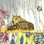 "Leopard" overglaze on porcelain, 10x14, framed 13x17. $900